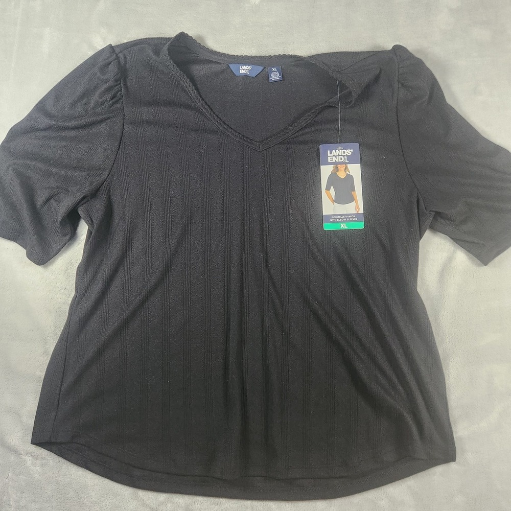 Lands End Black Pointelle Top XL NWT Classic Minimalist Knit Elbow Sleeve